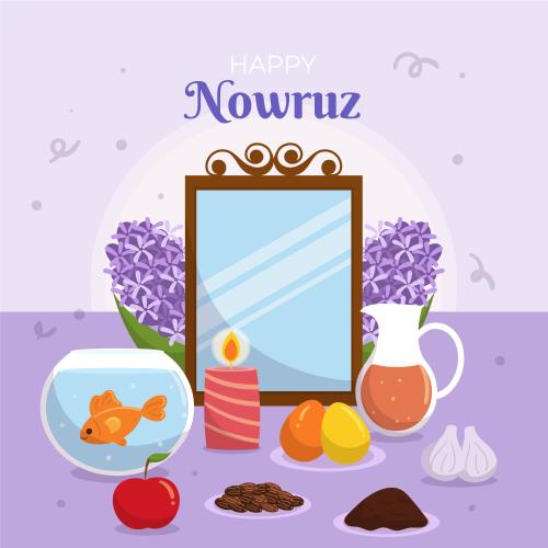 وکتور لایه باز EPS و Ai طرح گرافیکی و کارتونی سفره هفت سین شامل آینه و تنگ ماهی و سبزه و شمع ویژه عید نوروز