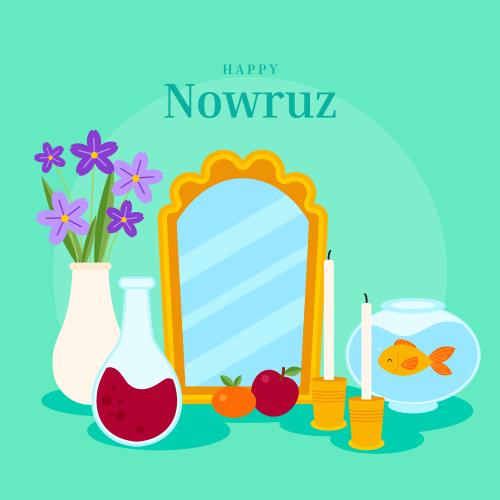 وکتور لایه باز EPS و Ai طرح گرافیکی و کارتونی سفره هفت سین شامل آینه و تنگ ماهی و سبزه و شمع ویژه عید نوروز