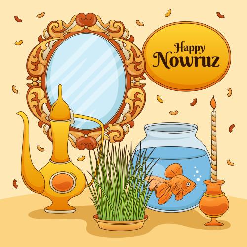 وکتور لایه باز EPS و Ai طرح گرافیکی و کارتونی سفره هفت سین شامل آینه و تنگ ماهی و سبزه و شمع ویژه عید نوروز