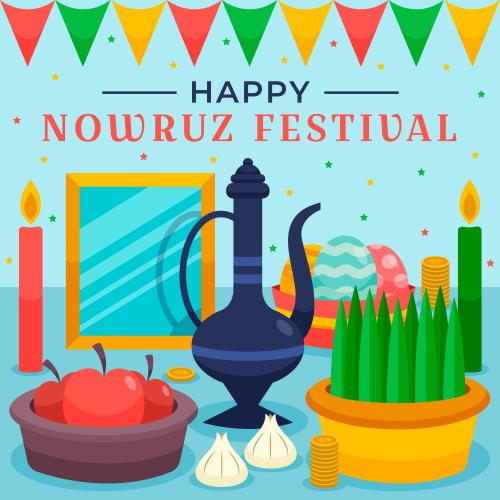 وکتور لایه باز EPS و Ai طرح گرافیکی و کارتونی سفره هفت سین شامل آینه و شمع و سبزه و تخم مرغ رنگی و گل سنبل و سیر و سیب و سکه ویژه عید نوروز