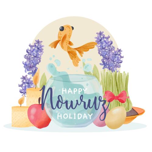 وکتور لایه باز EPS و Ai طرح گرافیکی و کارتونی سفره هفت سین شامل تنگ ماهی قرمز و شمع و سبزه و تخم مرغ رنگی و سیب ویژه عید نوروز