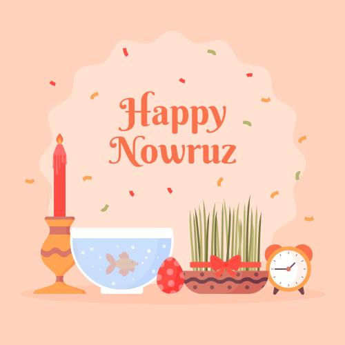 وکتور لایه باز EPS و Ai طرح گرافیکی و کارتونی سفره هفت سین شامل تنگ ماهی قرمز و شمع و سبزه و تخم مرغ رنگی و سیب ویژه عید نوروز