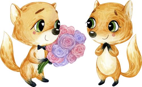 وکتور EPS لایه باز طرح کارتونی و آبرنگی ۲ روباه 