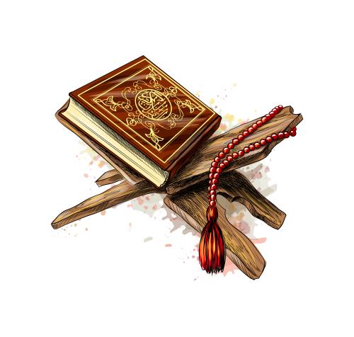 وکتور قرآن کریم به همراه تسبیح و رحل قرآن با تم قرمز به صورت فایل لایه باز EPS
