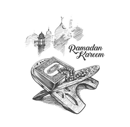دانلود وکتور ماه مبارک رمضان شامل قرآن روی رحل و تسبیح به صورت سیاه و سفید