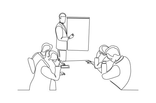 وکتور لایه باز EPS طرح گرافیکی خط پیوسته شامل بحث کردن چند نفر در جلسه یا اتاق کنفرانس کد 1