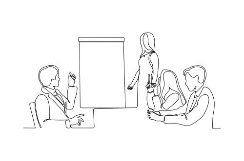 وکتور لایه باز EPS طرح گرافیکی خط پیوسته شامل بحث کردن چند نفر در جلسه یا اتاق کنفرانس کد 2