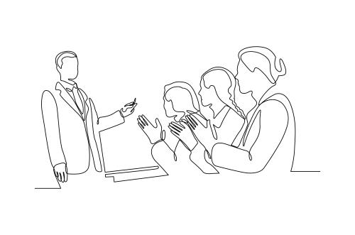 وکتور لایه باز EPS طرح گرافیکی خط پیوسته شامل بحث کردن چند نفر در جلسه یا اتاق کنفرانس کد 3