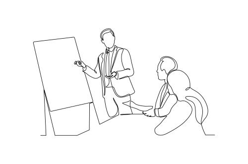 وکتور لایه باز EPS طرح گرافیکی خط پیوسته شامل بحث کردن چند نفر در جلسه یا اتاق کنفرانس کد 6