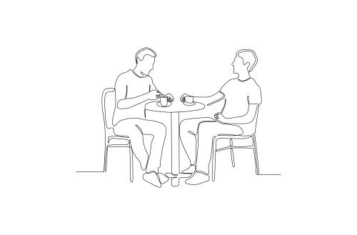 وکتور لایه باز EPS طرح گرافیکی سیاه و سفید خط پیوسته دو مرد در حال صحبت کردن و نوشیدن چای یا قهوه