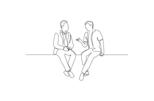 وکتور لایه باز EPS طرح گرافیکی سیاه و سفید خط پیوسته دو مرد در حال صحبت کردن کد 2