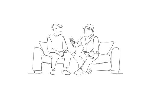 وکتور لایه باز EPS طرح گرافیکی سیاه و سفید خط پیوسته دو پیر مرد در حال هم صحبتی باهم