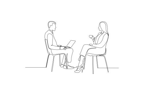 وکتور رایگان لایه باز EPS طرح گرافیکی سیاه و سفید خط پیوسته شامل مرد و زنی در حال هم صحبتی باهم