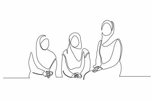 وکتور لایه باز EPS طرح گرافیکی سیاه و سفید خط پیوسته شامل زن های با حجاب اسلامی در حال صحبت کردن باهم کد 1