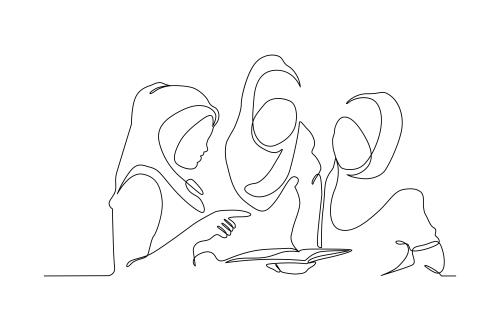 وکتور لایه باز EPS طرح گرافیکی سیاه و سفید خط پیوسته شامل زن های با حجاب اسلامی در حال صحبت کردن باهم کد 2