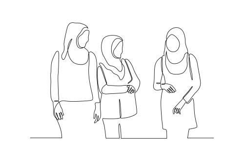 وکتور لایه باز EPS طرح گرافیکی سیاه و سفید خط پیوسته شامل زن های با حجاب اسلامی در حال صحبت کردن باهم کد 3