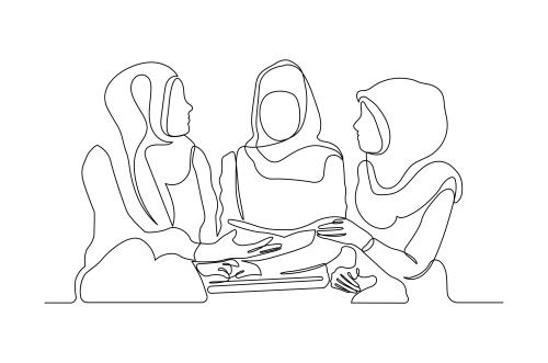 وکتور رایگان لایه باز EPS طرح گرافیکی سیاه و سفید خط پیوسته شامل زن های با حجاب اسلامی در حال صحبت کردن باهم کد 4