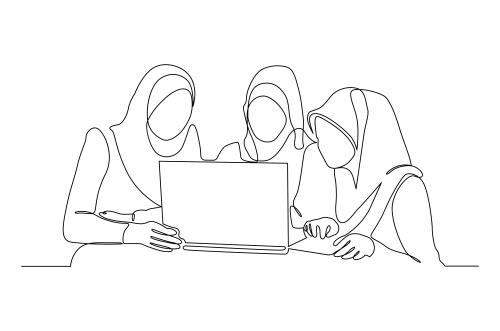 وکتور لایه باز EPS طرح گرافیکی سیاه و سفید خط پیوسته شامل زن هایی با حجاب اسلامی در حال کار با لپتاپ