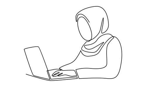 وکتور لایه باز EPS طرح گرافیکی سیاه و سفید خط پیوسته شامل زنی با حجاب اسلامی در حال کار با لپتاپ