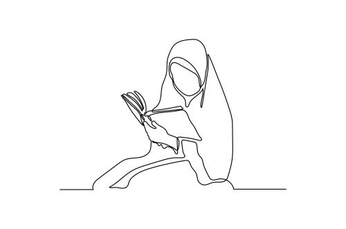وکتور لایه باز EPS طرح گرافیکی سیاه و سفید خط پیوسته شامل زنی با چادر در حال خواندن قرآن 