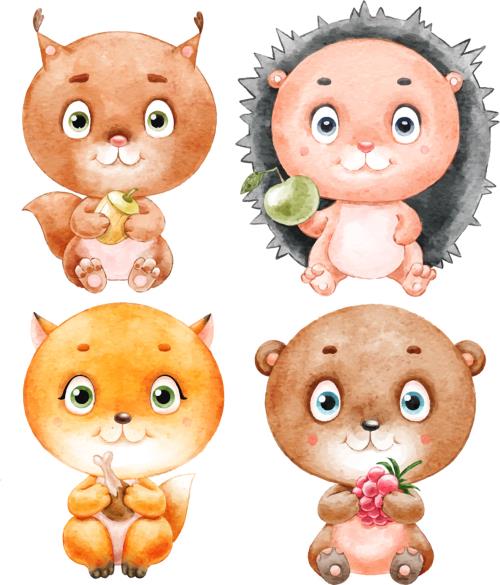 وکتور لایه باز کودکانه سنجاب و جوجه تیغی و روباه و خرس کارتونی نقاشی شده با آبرنگ