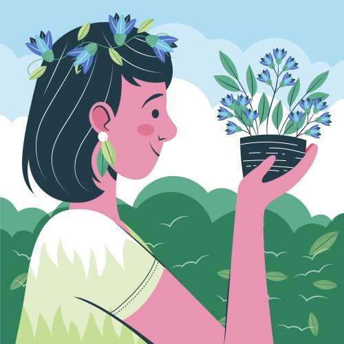 وکتور EPS و Ai لایه باز دختر در حال نگاه کردن به گلدان ویژه فصل بهار