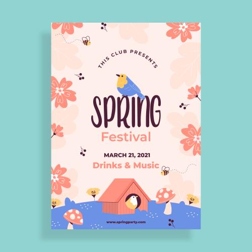 وکتور EPS و Ai پوستر طرح بهار مسطح عمودی ویژه بهار شامل گل شیپوری و بلبل ویژه فصل بهار به همراه لانه پرنده کد 2