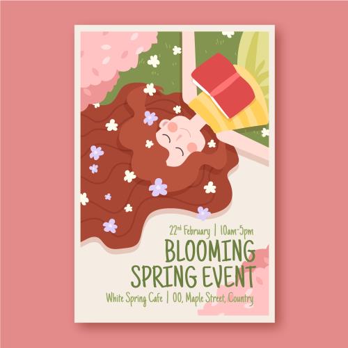 وکتور EPS و Ai بنر عمودی ویژه فرارسیدن فصل بهار به صورت لایه باز شامل دختر در حال کتاب خواندن در کنار شکوفه های بهاری