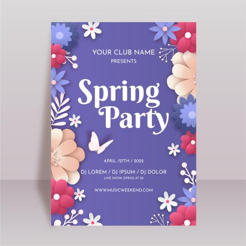 وکتور رایگان EPS و Ai بنر عمودی ویژه فرارسیدن فصل بهار به صورت لایه باز با رنگ زمینه بنفش شامل گل های بهاری مناسب برای بنر وبسایت و پست و استوری اینستاگرام