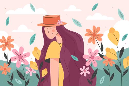 دانلود وکتور رایگان دختر با کلاه در میان گل ها ویژه فرا رسیدن فصل بهار
