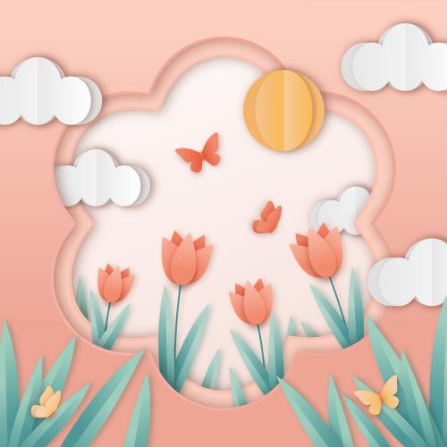 وکتور کاغذی لایه باز ابر و خورشید و گل لاله ویژه فصل بهار
