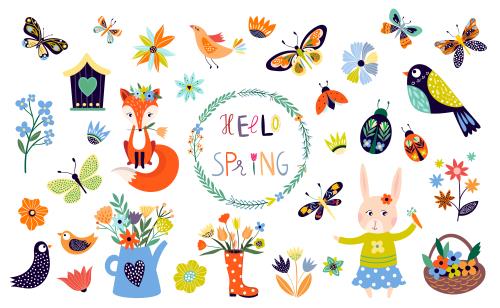 وکتور EPS کودکانه لایه باز شامل قناری و خرگوش و گلدان و بلبل و پرنده و روباه و کفشدوزک و گل و پروانه کارتونی به صورت لایه باز
