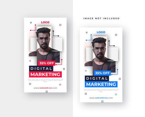 PSD رایگان استوری اینستاگرام آمده با تم سفید آبی و سفید قرمز فایل لایه باز فتوشاپ