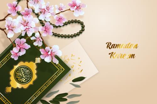 وکتور Ai و EPS وکتور تصویر زمینه ماه رمضان به همراه شکوفه های بهاری و تسبیح و قرآن به صورت لایه باز