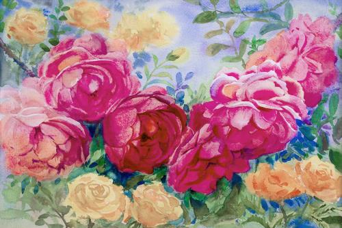 عکس با کیفیت نقاشی آبرنگ  گل های صورتی رنگ و رز زرد