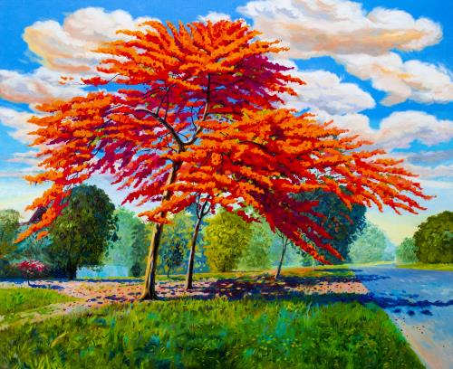 عکس یا کیفیت نقاشی رنگ روغن منظره رنگ نارنجی قرمز در صبح با پس زمینه آسمان آبی و طبیعت زیبای فصل تابستان
