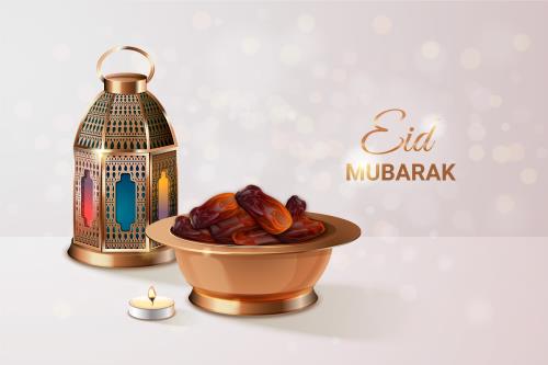 وکتور رایگان لایه باز مناسب عید فطر به همراه عناصر ماه رمضان خرما و شمع فایل Ai و EPS