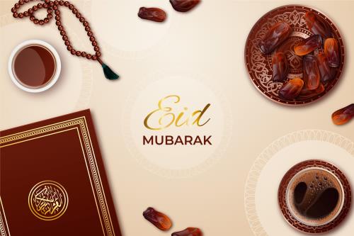 وکتور سفره افطار مناسب ماه رمضان شامل خرما و چای و قرآن و تسبیح با لایه بندی فایل Ai و EPS لایه باز