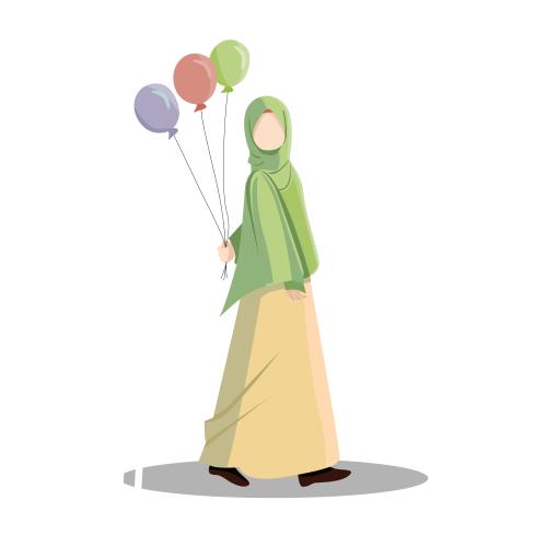 تصویر یک زن مسلمان در حال راه رفتن در حالی که یک بادکنک در دست دارد وکتور EPS