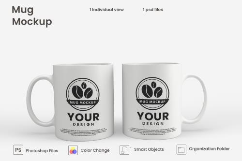 موکاپ فتوشاپ ماگ و لیوان دسته دار سفید مات از نمای کنار جهت نمایش لوگو به همراه جای متن فایل PSD