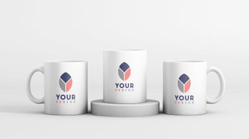 موکاپ فتوشاپ 3 ماگ سفید مات به همراه زیر لیوانی از نمای کنار با سایه زیر لیوان جهت نمایش لوگو برند فایل PSD