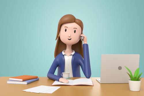 کاراکتر سه بعدی خانم کارمند نشسته پشت میز درحال مطالعه و نوشیدن قهوه در کنار کتاب و دختر و لپتاپ فایل PSD فتوشاپ