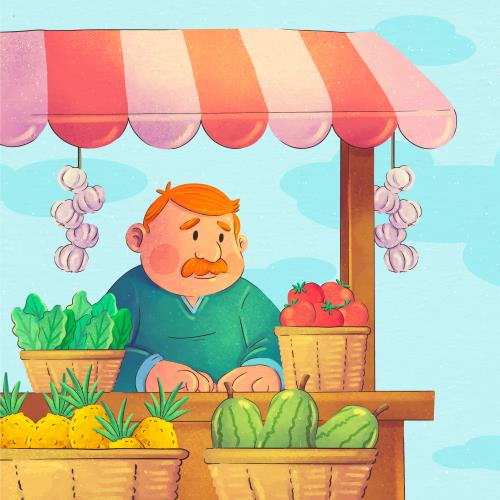 وکتور نشاشی دیجیتال مرد میوه فروش فایل Ai و EPS