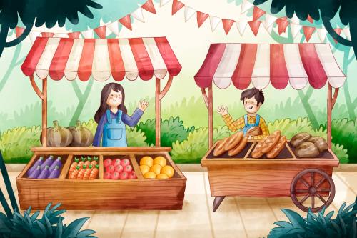 وکتور دختر میوه فروشی و پسر نان فروش در کنار هم فایل EPS و Ai