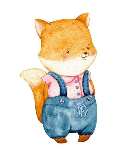 وکتور لایه باز EPS پترن طرح کارتونی و آبرنگی روباه با دوبنده آبی و لباس صورتی