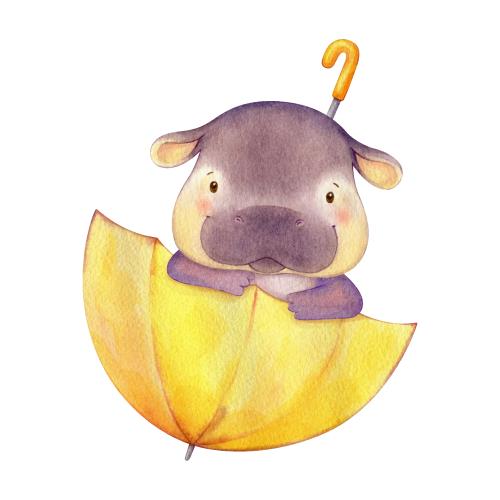 وکتور لایه باز EPS پترن طرح کارتونی و آبرنگی اسب آبی سوار یک چتر زرد