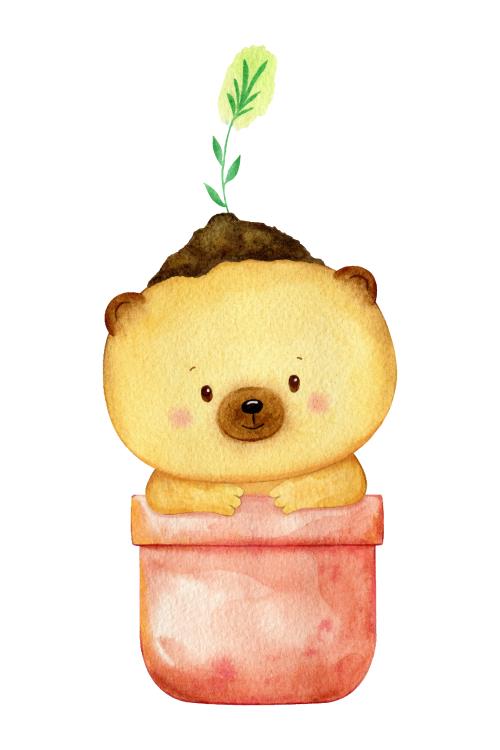 وکتور لایه باز EPS پترن طرح کارتونی و آبرنگی خرس داخل گلدان قرمز