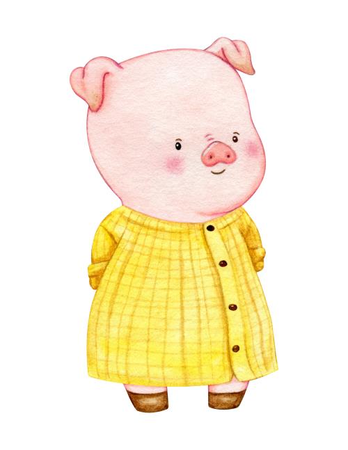 وکتور رایگان لایه باز EPS پترن طرح کارتونی و آبرنگی خوک با لباس زرد