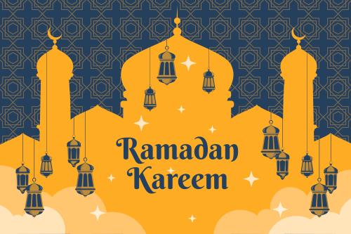 وکتور لایه باز EPS و Ai ویژه ماه مبارک رمضان شامل طرح گرافیکی مسجد و فانوس با پس زمینه زرد و سرمه ای