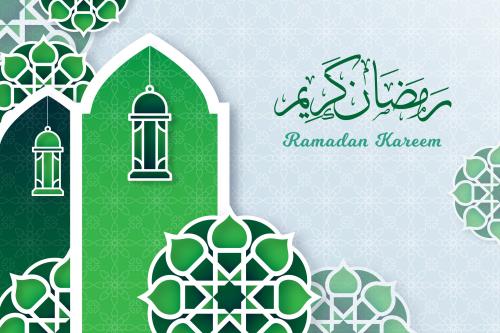 وکتور رایگان لایه باز EPS و Ai ویژه ماه مبارک رمضان شامل تایپوگرافی رمضان کریم و حاشیه اسلامی سبز و سفید مناسب بنر وبسایت و پوستر افقی